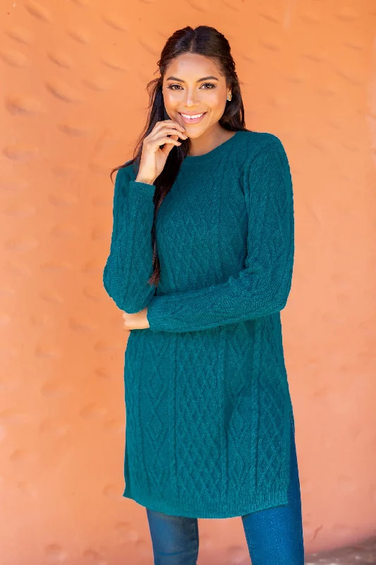 Winter Teal Baby Alpaca Teal Cable Knit Tunic Sweater Dress Casual Women's Japanese 