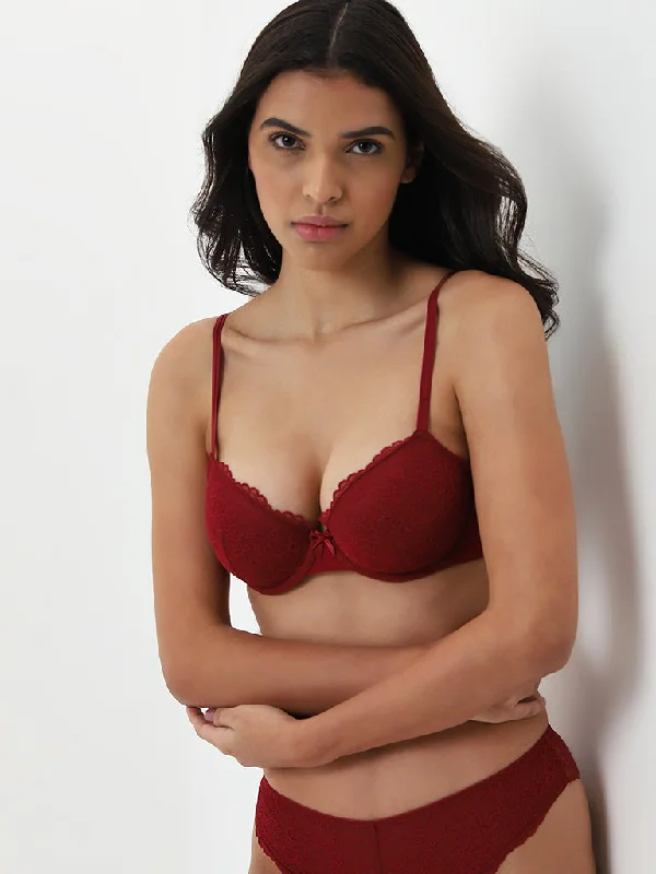 Wunderlove Dark Red Lace Design Underwired Bra Street