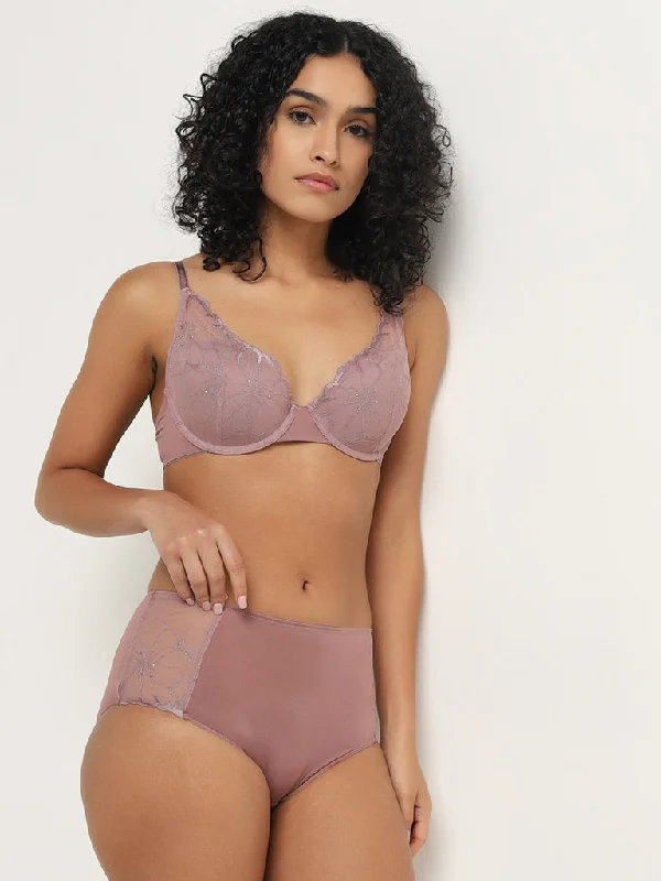 Wunderlove Mauve Floral Embroidered Full Briefs Elegant Women's Formal 