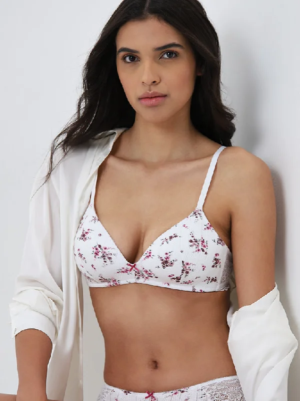 Wunderlove White Floral Design Padded Bra Refined Women's 