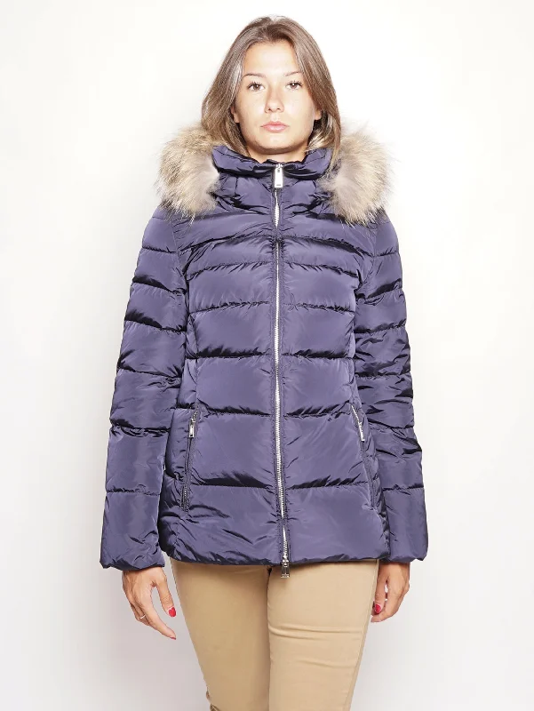 Piumino con Collo in Pelliccia Blu Refined Women's Hand - crafted