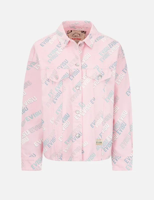 Allover Logo Print Denim Jacket Artistic Women's Hand - painted