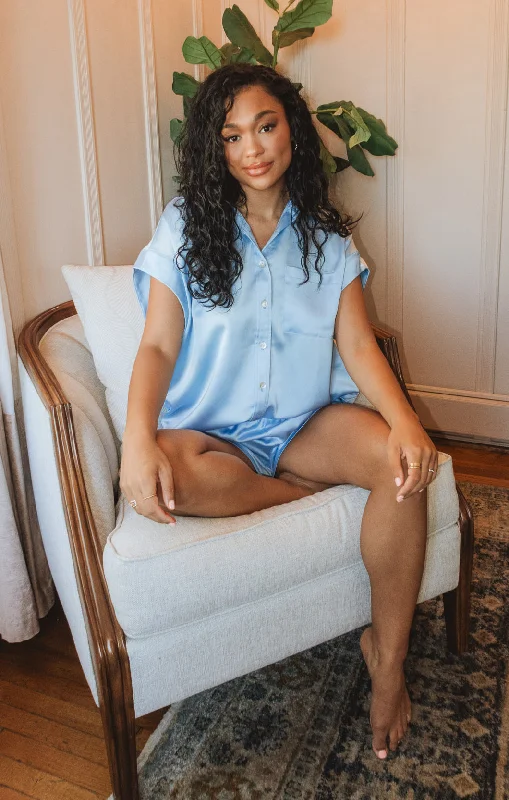Best Day Button Up ~ Baby Blue Luxe Satin Monochromatic Office Style