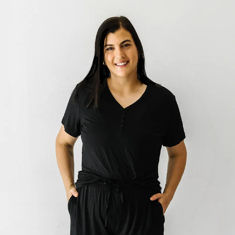Solid Black Women's Short Sleeve Pajama Top Modern Women's 