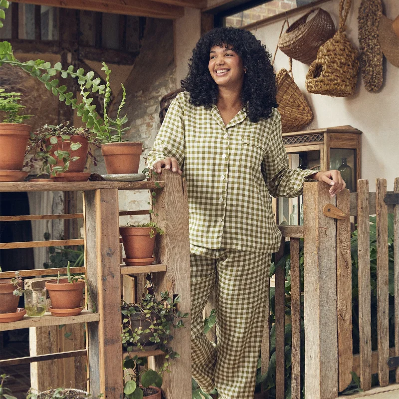 Botanical Green Gingham Linen Pajama Set Cool Women's Skate