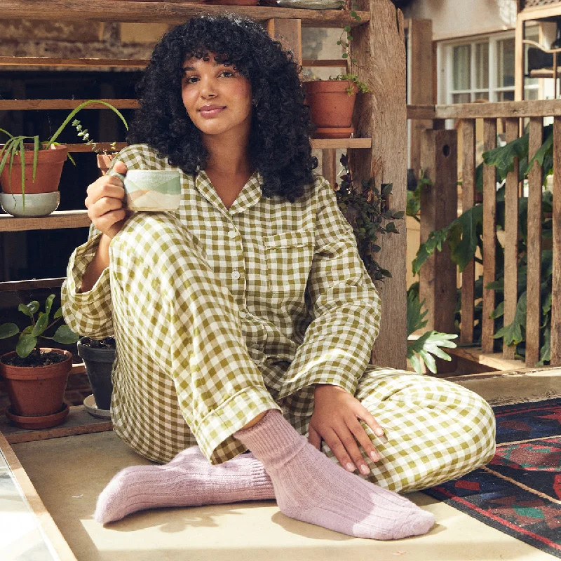 Botanical Green Gingham Linen Pajama pants Practical Women's Multi - 
