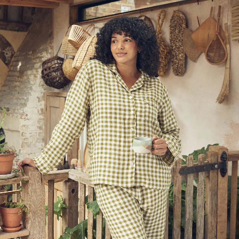 Botanical Green Gingham Linen Pajama Shirt (Top Only) Relaxed Women's 