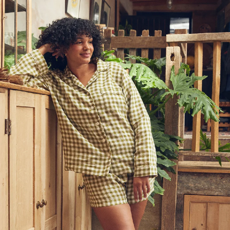 Botanical Green Gingham Linen Pajama Shorts Cozy Women's Winter