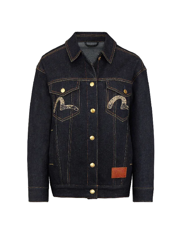 Brocade Kamon Embroidered Oversized Denim Jacket Laid - back Women's Style