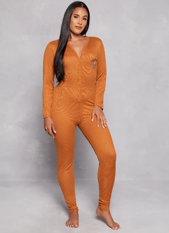 Ribbed Bearly Awake Embroidered Onesie Pajamas Youthful Women's Pop