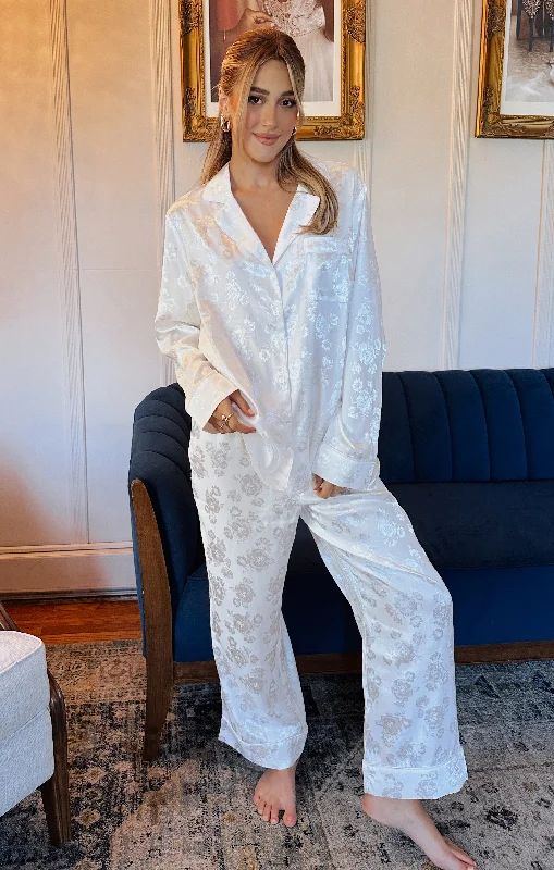 Classic Cropped PJ Set ~ White Floral Silky Refined Women's Velvet