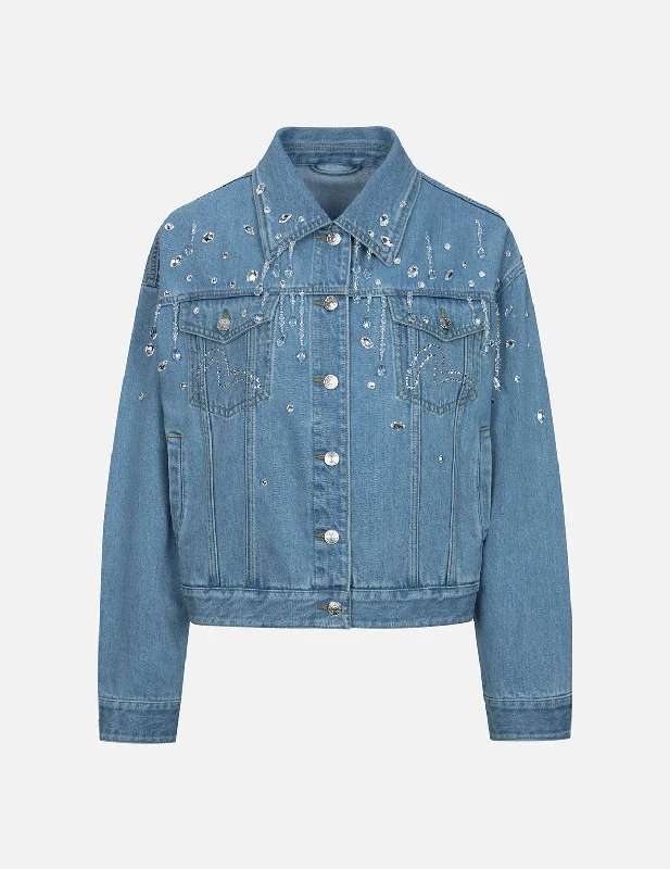 Crystal Embellished Oversized Denim Jacket Geometric