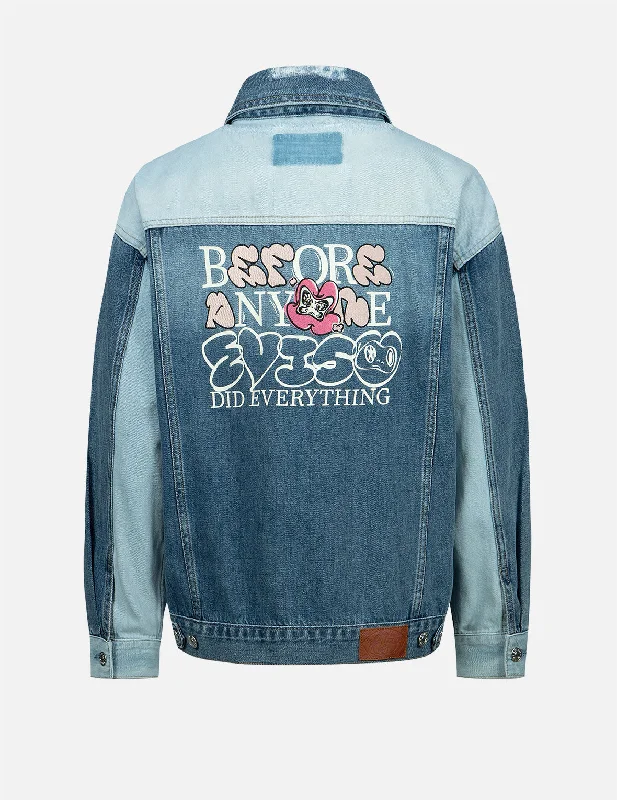 Daruma with Brand Motto Two-tone Denim Jacket Practical Women's Quick - dry