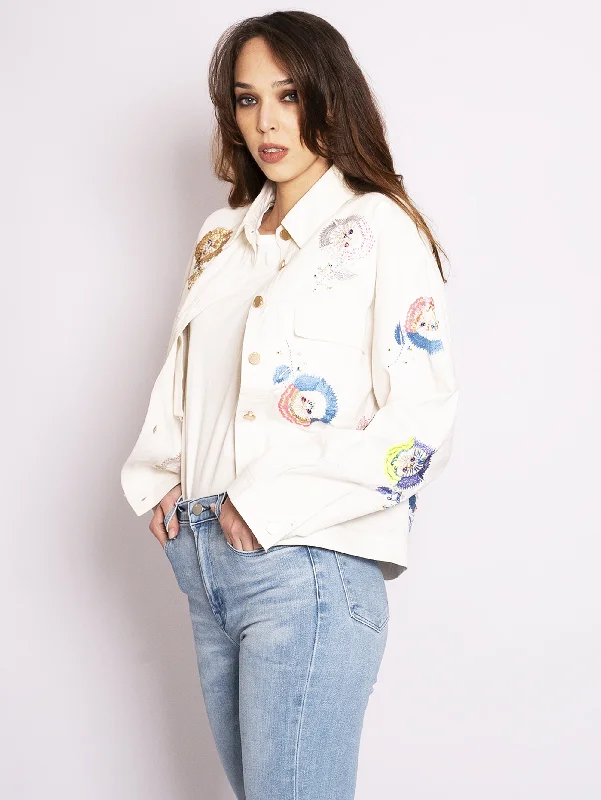 Giacca in Bull Denim con Ricamo Floreale Bianco Women