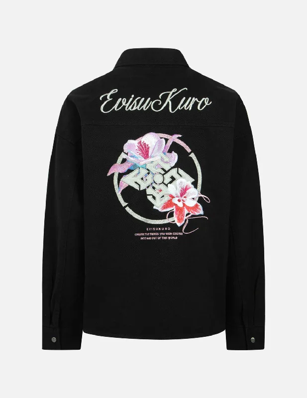 Floral Kamon Embroidery Boxy Shirt Jacket Hip Women's Urban