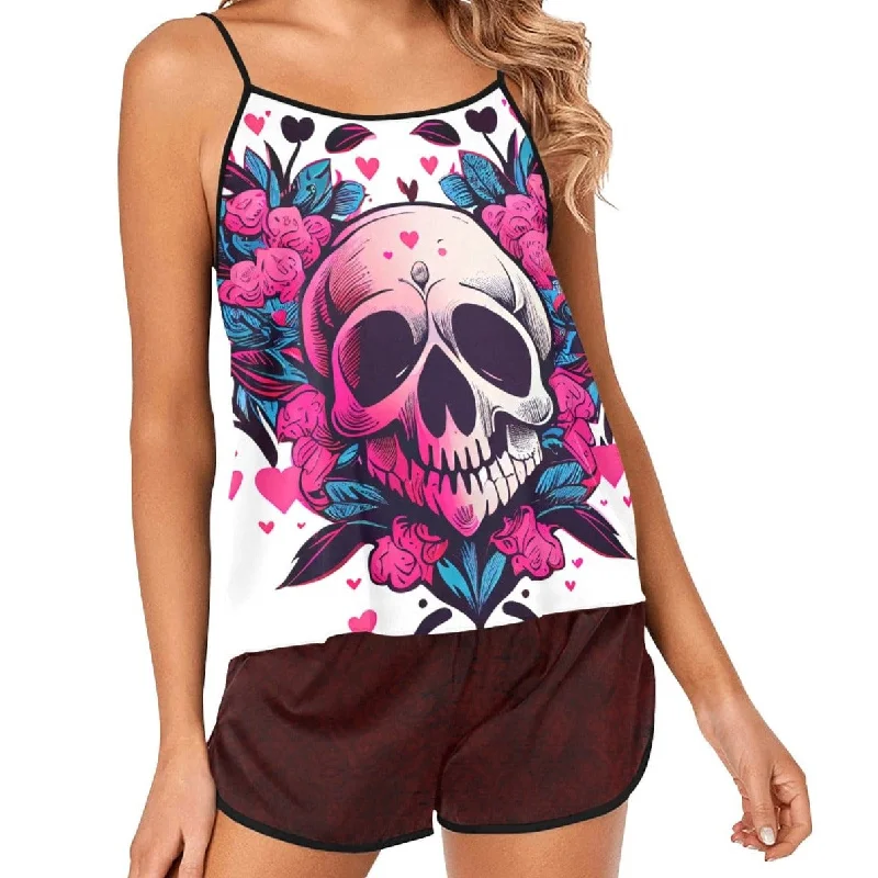 Gothic Skull Heart Floral Top & Short Pajama Set Youthful Women's Anime - inspired