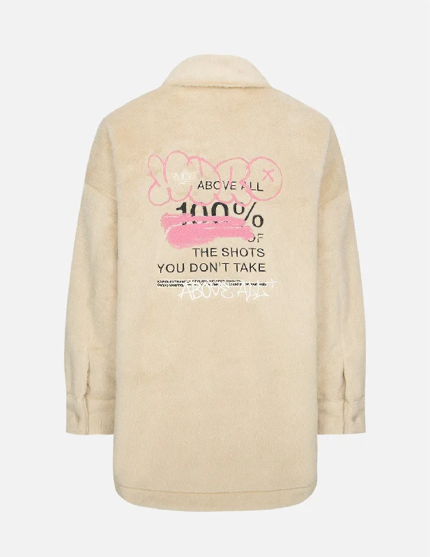 Graffiti Logo Embroidery Faux Fur Padded Shirt Jacket Unique Women's Upcycled