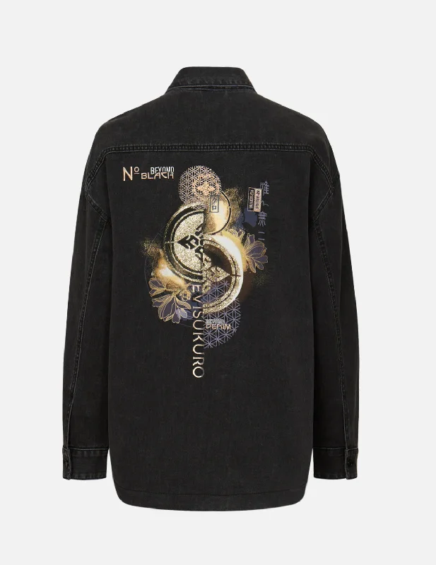Kamon Glitter Print Oversize Denim Shirt Jacket Sleek Women's Metallic