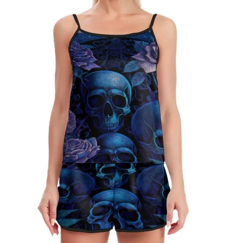 Ladies Blue Skull Floral Two-Piece Comfortable Pajama Set Modern Women's Tech
