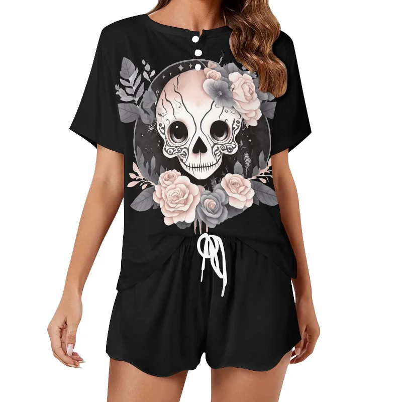 Ladies Pink Skull & Flowers Casual Pajama Set Earthy Women's 