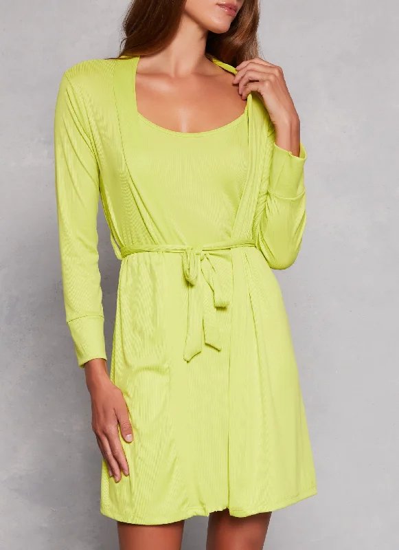 Ribbed Knit Cami Nightgown and Robe Dapper Women's Bow - adorned