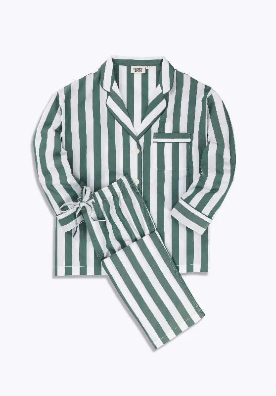 Marina Pajama Set in Green & White Tent Stripe Modern Women's Tech