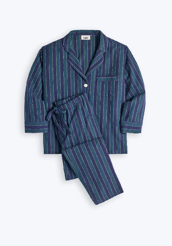Marina Pajama Set in Green, Navy, and Gold Flannel Stripe Casual Women's Loose - fitting