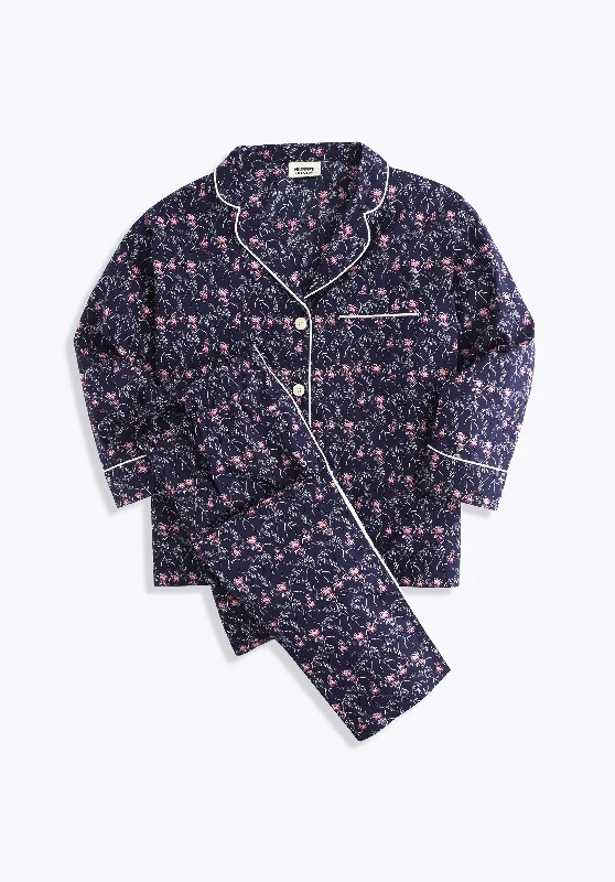Marina Pajama Set in Pink Berry Floral Navy Artistic Women's Hand - painted