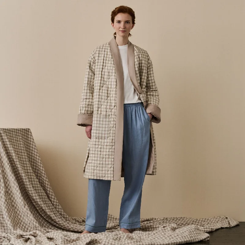 Mushroom Gingham Linen Housecoat Tough Women's Military - inspired