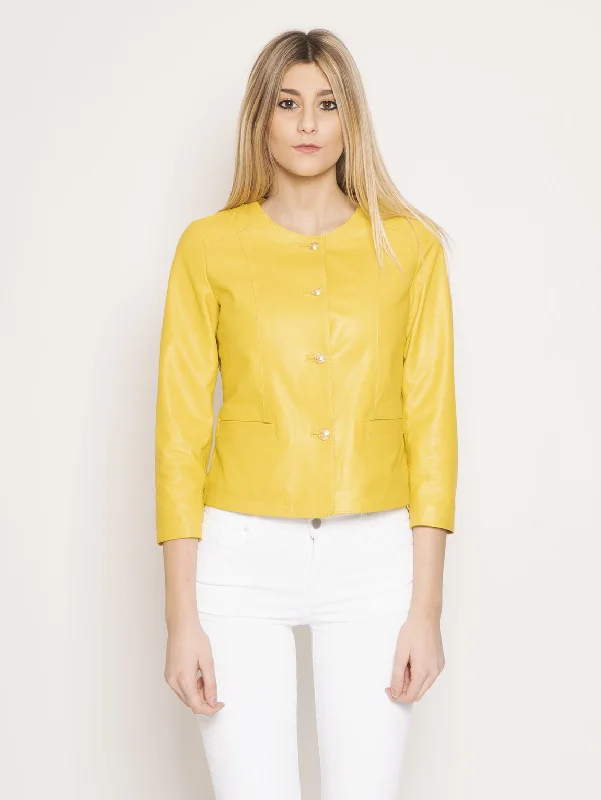 Giacca in Pelle con Bottoni Giallo Relaxed Women's 