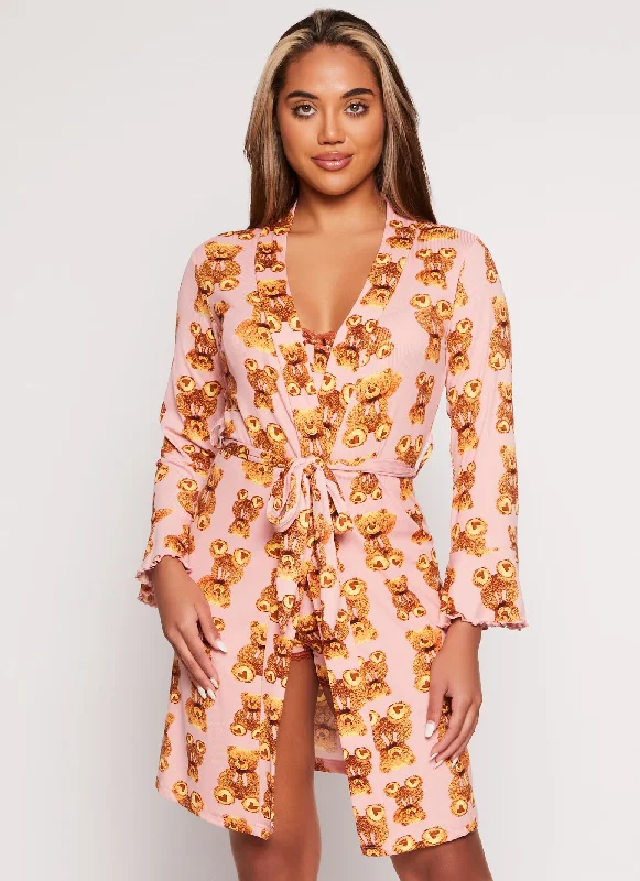 Teddy Bear Print Pajama Bralette and Shorts with Robe performance