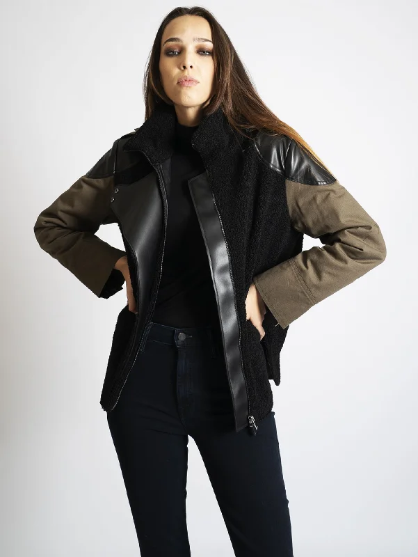 Giacca Caban in Eco Montone Nero/Verde Cool Women's Distressed