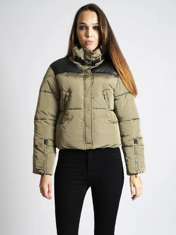 Piumino con Dettagli in Eco Pelle Verde Dapper Women's 1920S