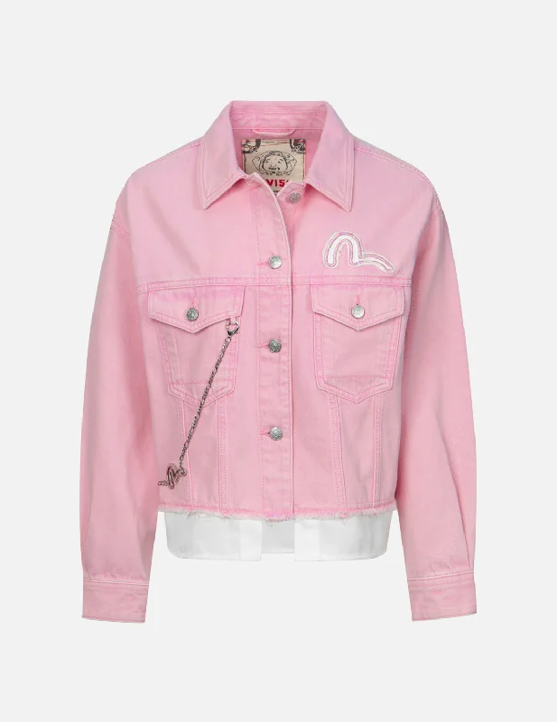 Seagull Applique Embroidery Mock 2-In-1 Fashion fit Denim Jacket Sleek Women's Metallic