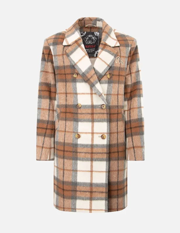 Seagull Embroidery Checked Wool-Blend Coat Refined Women's Classic 