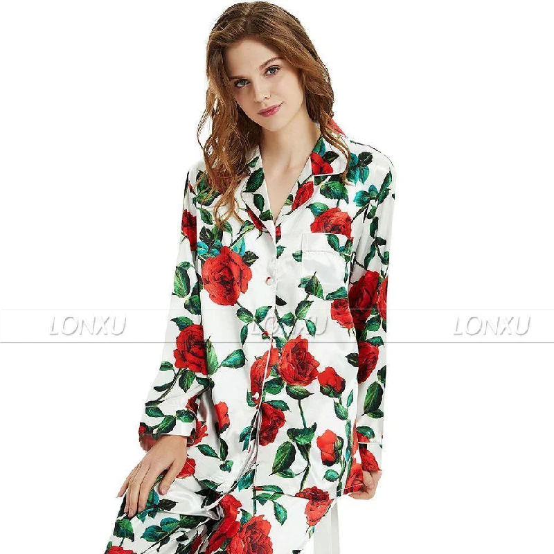 Women Silk Pajama Set, Floral Earthy Women's Hemp - based
