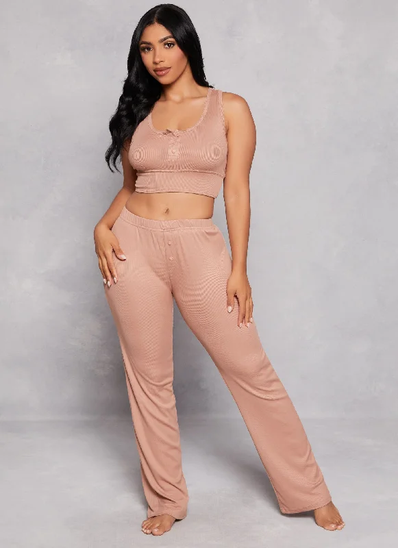 Ribbed Button Detail Pajama Bralette and Pants Relaxed Women's 