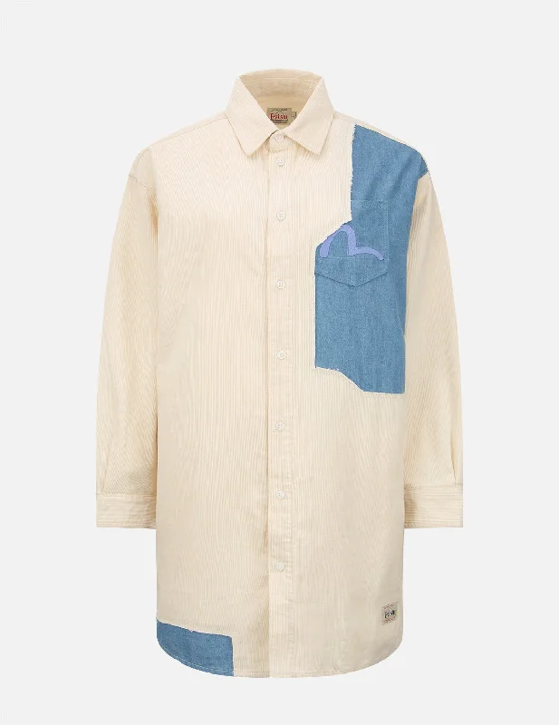 Tear-Off Design Fabric Blocking Corduroy Shirt Dress Modern Women's Tech