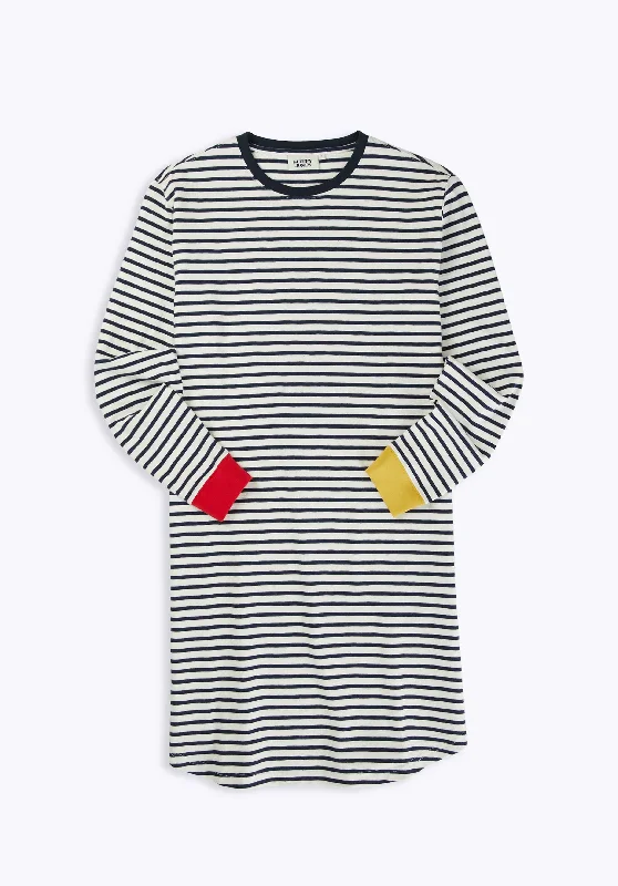 Twyla T-Shirt Dress in White & Navy Striped Jersey Colorblock Laid - back Women's Style
