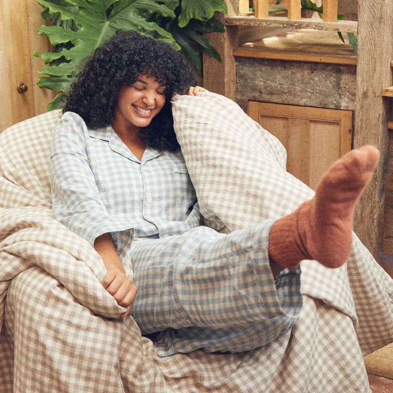 Warm Blue Gingham Linen Pajama pants Contemporary 