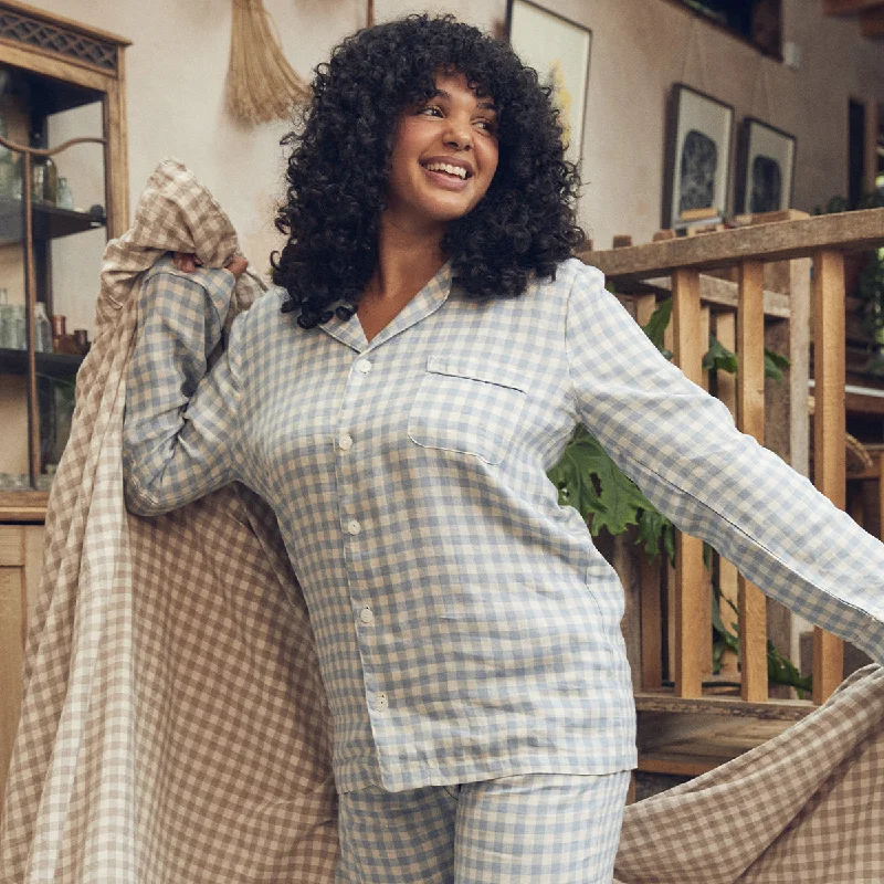 Warm Blue Gingham Linen Pajama Shirt (Top Only) Bold Women's Statement