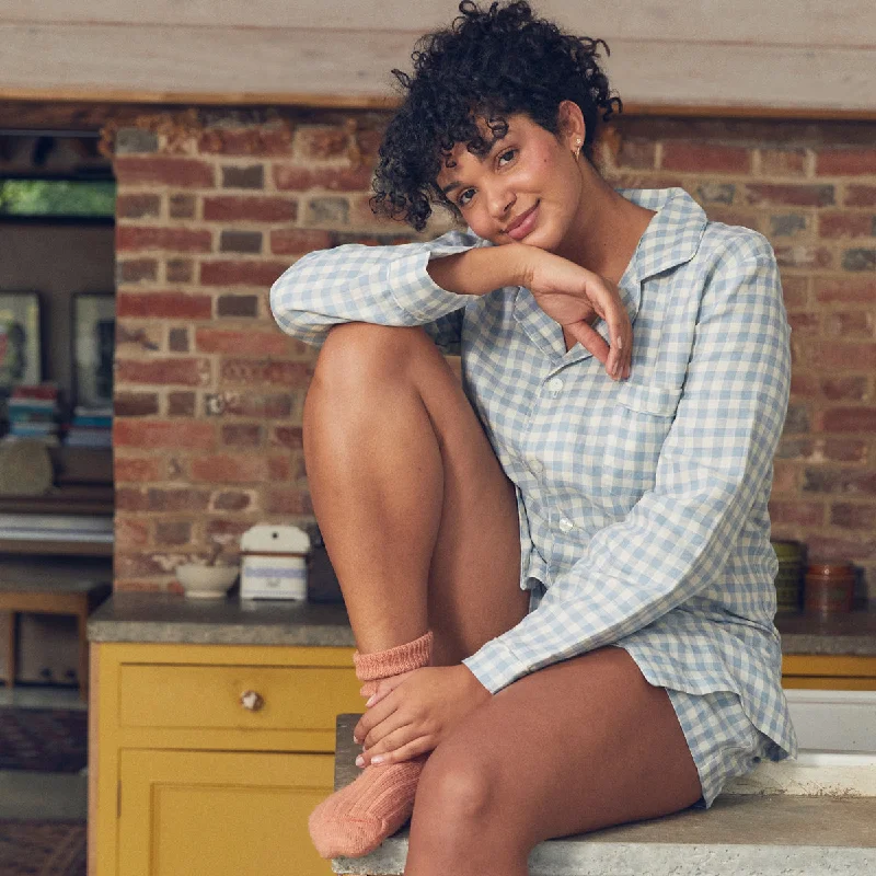 Warm Blue Gingham Linen Pajama Shorts Set Cashmere