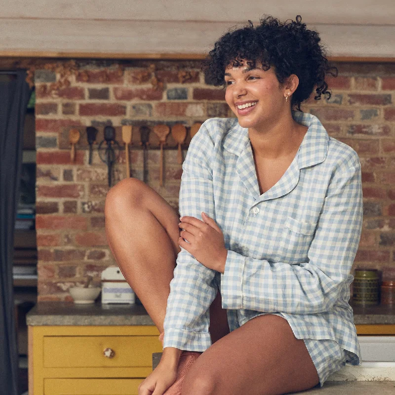Warm Blue Gingham Linen Pajama Shorts Unique Women's Upcycled