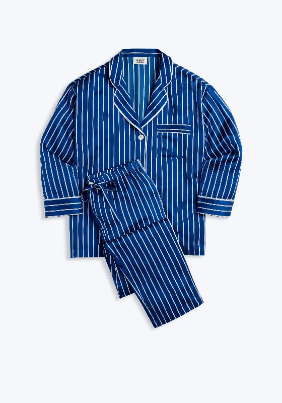 Washable Silk Marina Pajama Set in Blue & White Tie Stripe European