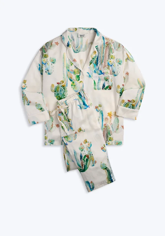 Washable Silk Marina Pajama Set in Cacti Watercolor Monochromatic Office Style