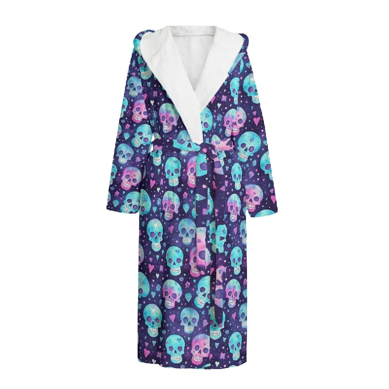 Women's Blue Pink Skulls Flannel Hooded Bathrobe Artistic Women's Hand - painted