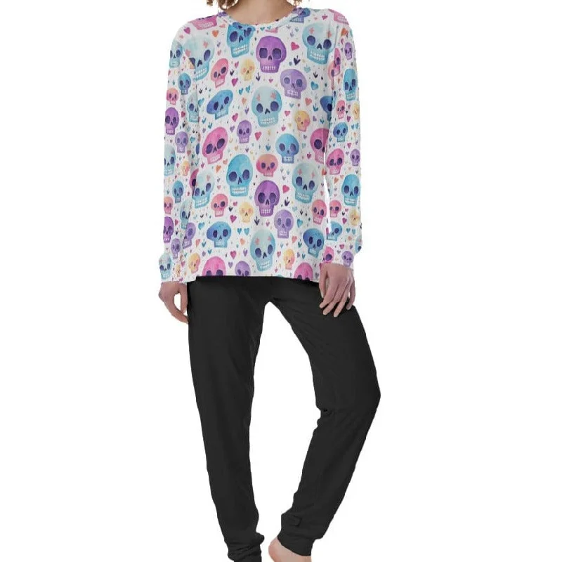 Women's Colorful Skulls Top And Black Bottoms Pajamas Traditional Women's Wool