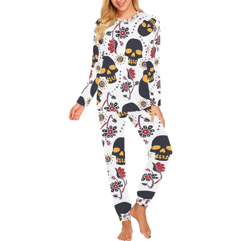 Women's Skull Brown Floral Print Pajama Set Refined Women's Velvet