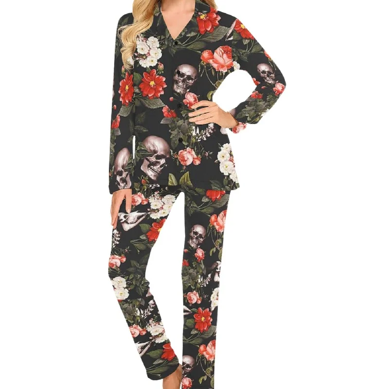 Women's Skull Floral Long-Sleeve 2 Piece Sleepwear Pajama Set Polished Women's Silk