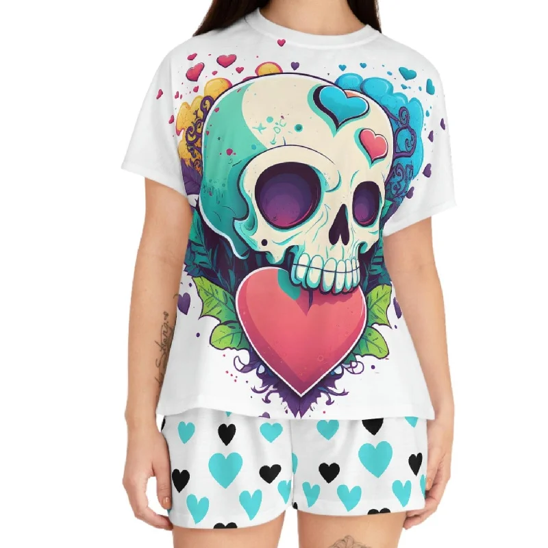 Women's Skull Hearts Shorts & Top Pajama Set Casual Women's Japanese 